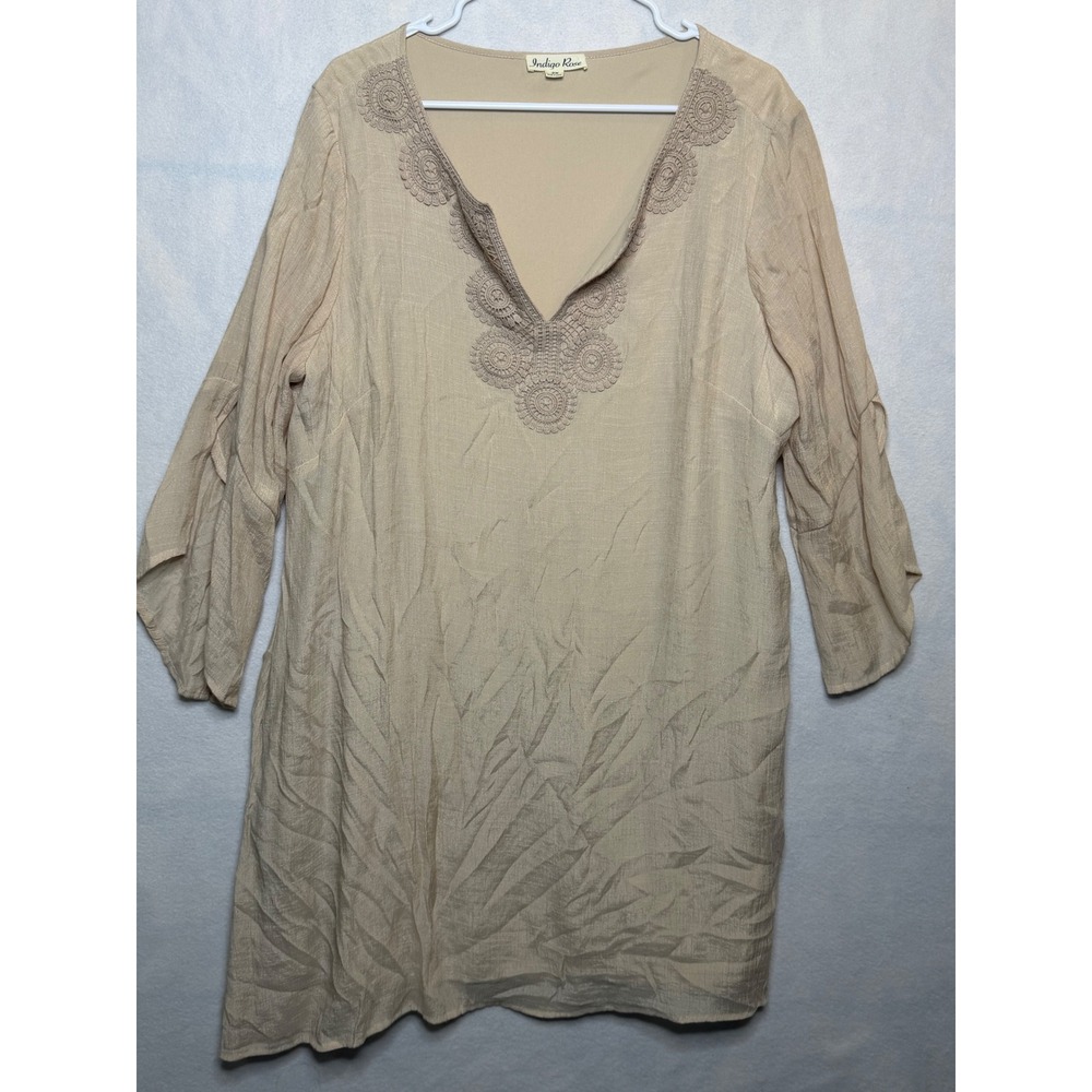 Indigo‎ Rose Tan Crinkle Tunic Top Crochet V-Neck Bell Sleeve Boho Beige 2X